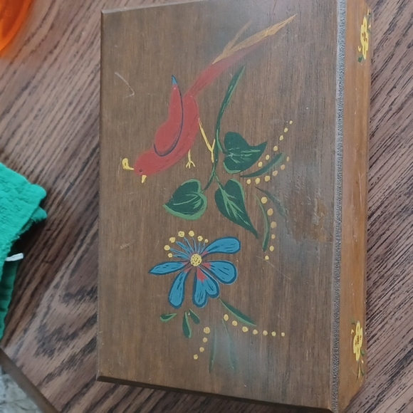 Vintage Painted Wood Bird & Flower Jewelry Box - Picture 1 of 7